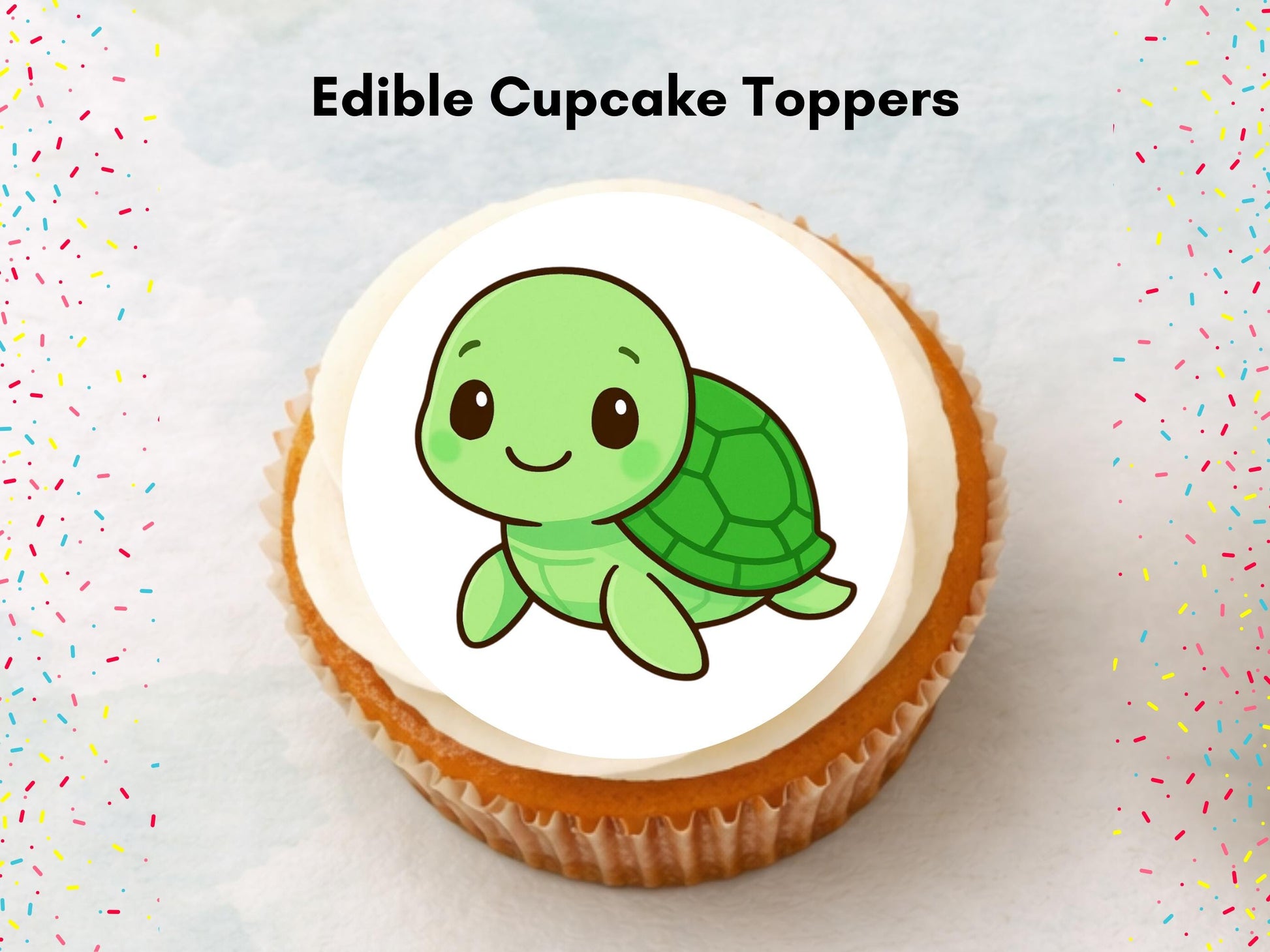 Cute Turtle Edible Birthday Cupcake Toppers 12 x 2"– Pre cut Wafer Paper, Card or Icing Sheet