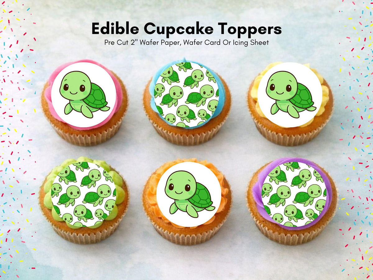 Cute Turtle Edible Cupcake Toppers – 2" Pre-Cut (Wafer Paper, Card, Icing Sheet)