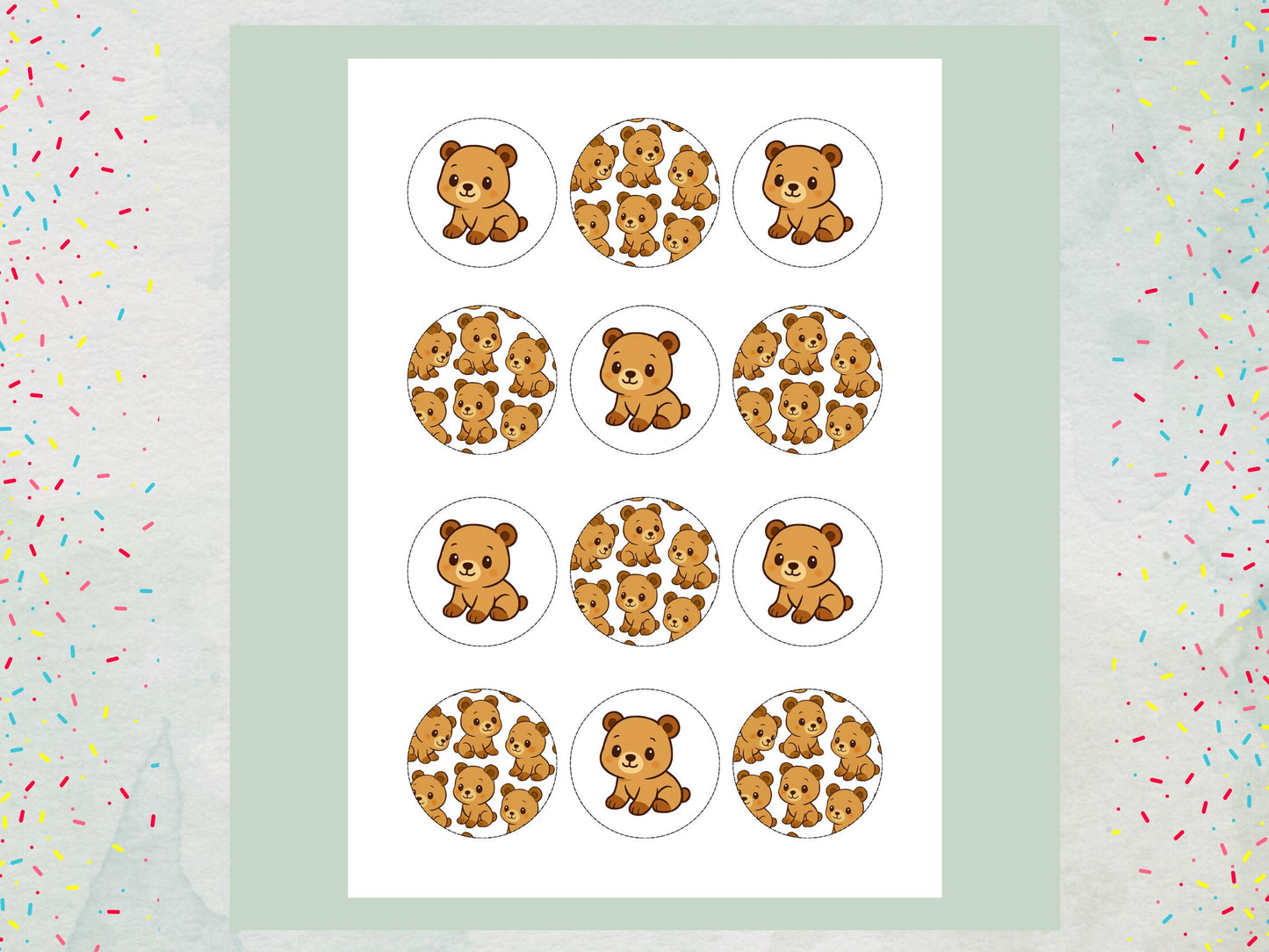Cute Bear Edible Cupcake Toppers 12 x 2"– Pre cut Wafer Paper, Card or Icing Sheet