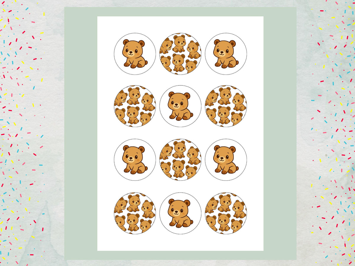 Cute Bear Edible Cupcake Toppers 12 x 2"– Pre cut Wafer Paper, Card or Icing Sheet