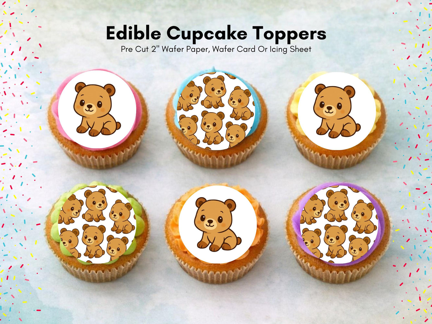 Cute Bear Edible Cupcake Toppers 12 x 2"– Pre cut Wafer Paper, Card or Icing Sheet