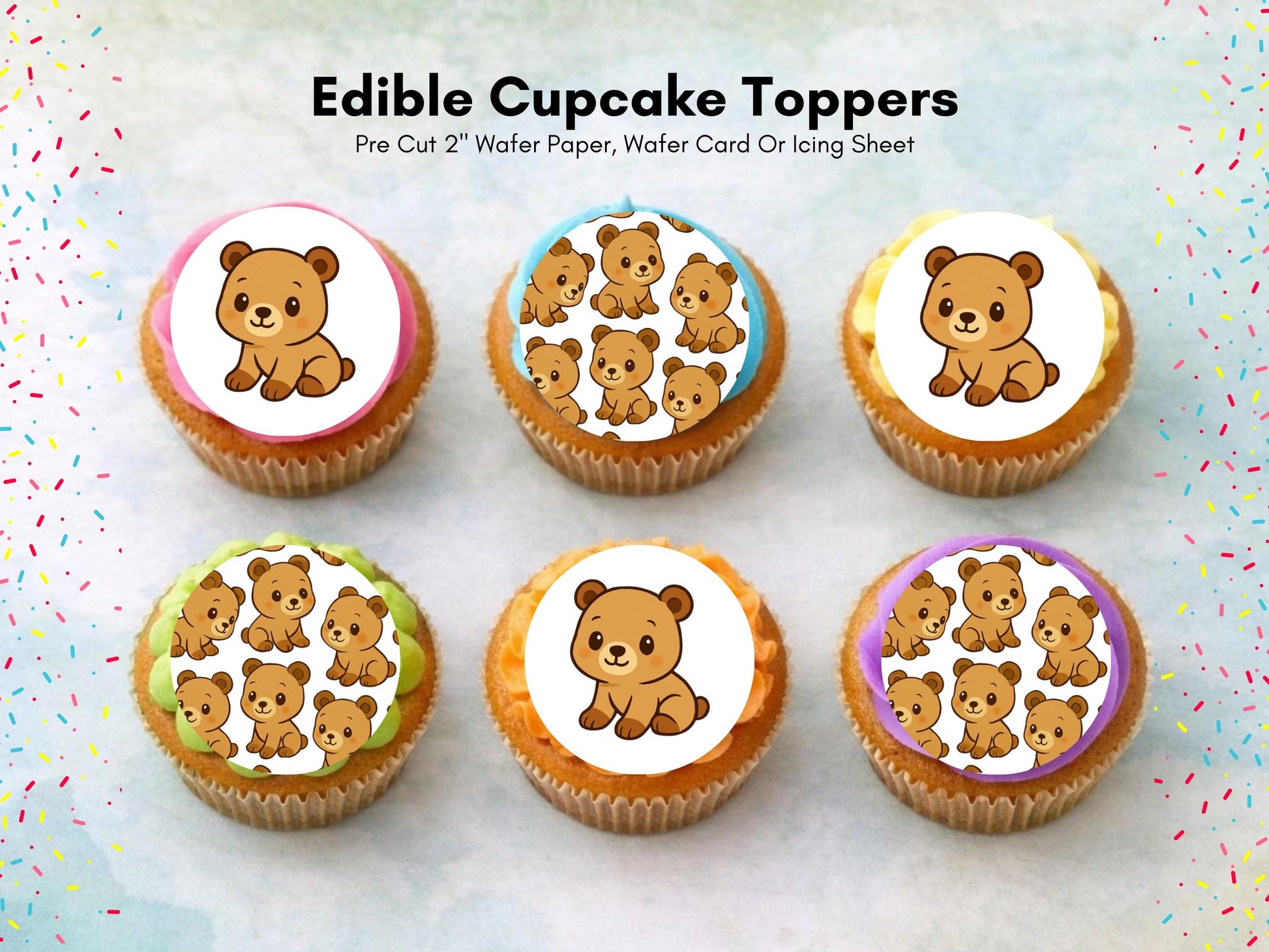 Cute Bear Edible Cupcake Toppers 12 x 2"– Pre cut Wafer Paper, Card or Icing Sheet