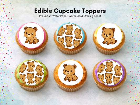 Cute Bear Edible Cupcake Toppers 12 x 2"– Pre cut Wafer Paper, Card or Icing Sheet