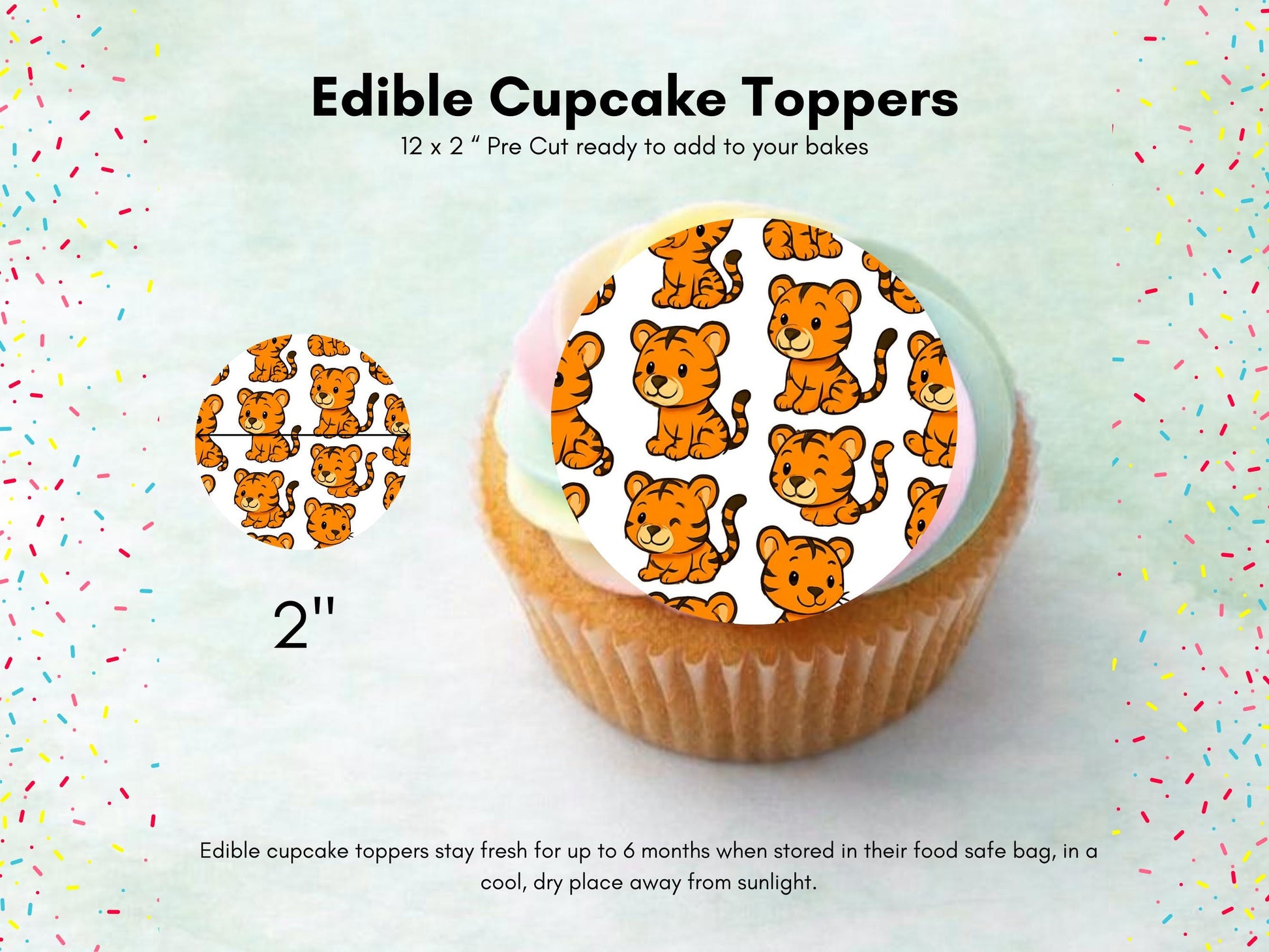 Cute Tiger Edible Cupcake Toppers 12 x 2" – Pre cut Wafer Paper, Card or Icing Sheet