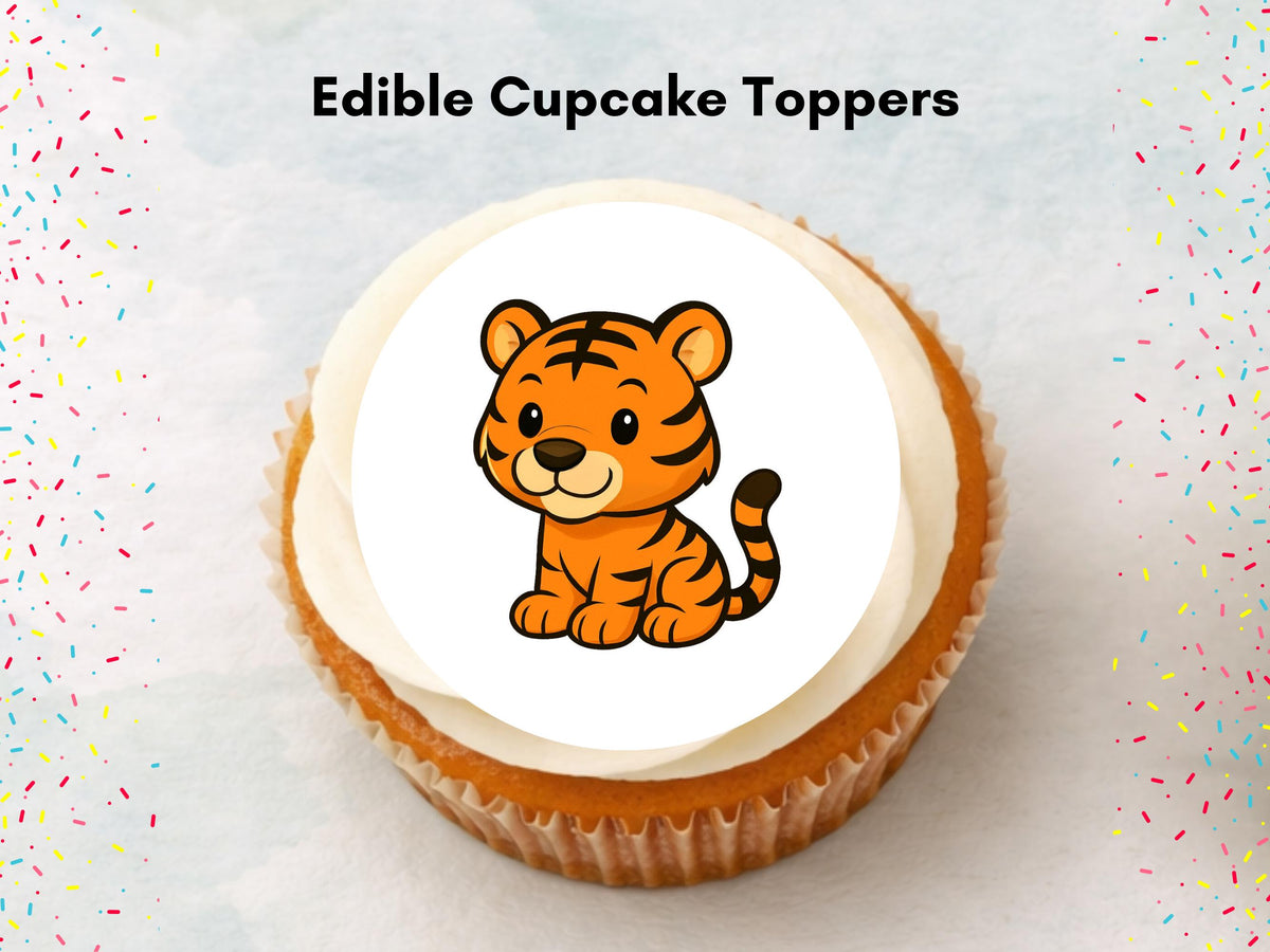 Cute Tiger Edible Cupcake Toppers 12 x 2" – Pre cut Wafer Paper, Card or Icing Sheet