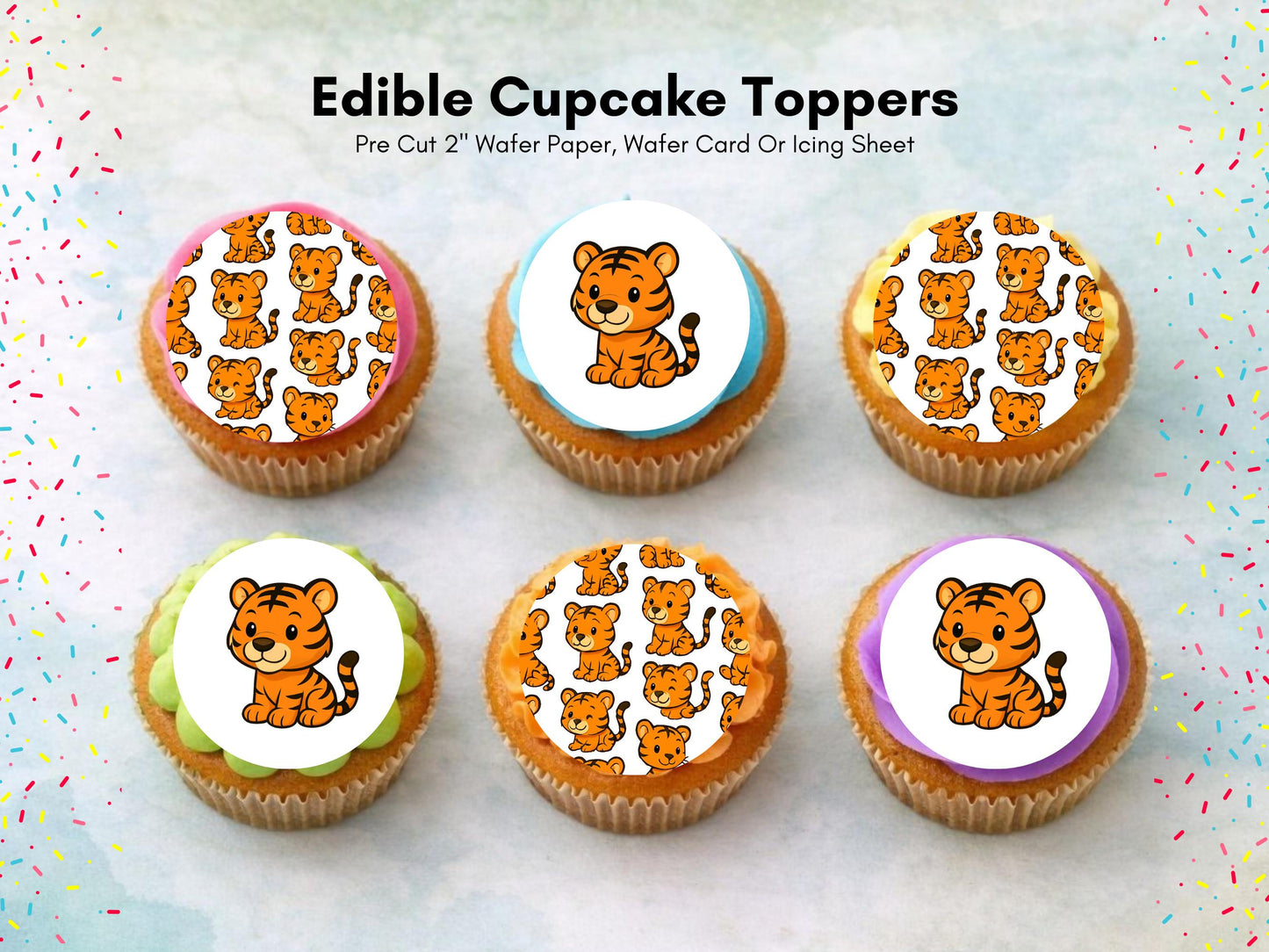 Cute Tiger Edible Cupcake Toppers 12 x 2" – Pre cut Wafer Paper, Card or Icing Sheet