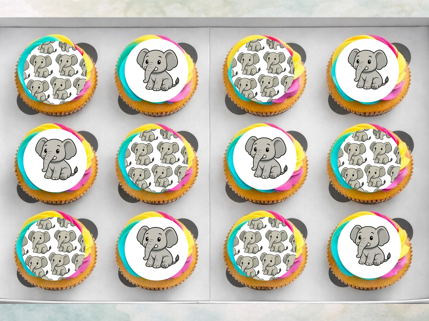 Elephant Edible Cupcake Toppers: 12 x 2" Wafer Paper, Card, or Icing sheet
