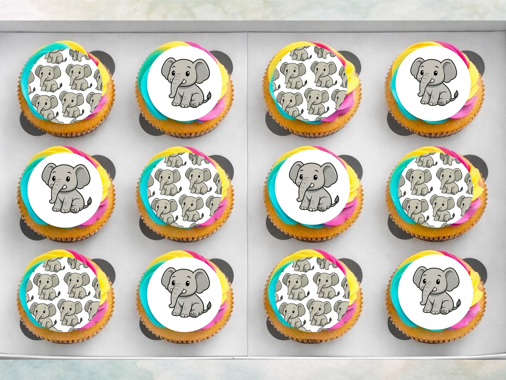 Elephant Edible Cupcake Toppers: 12 x 2" Wafer Paper, Card, or Icing sheet