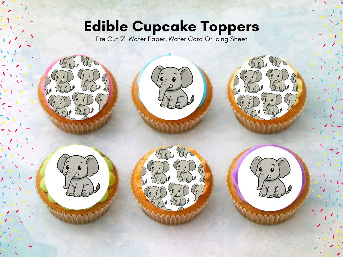 Elephant Edible Cupcake Toppers: 12 x 2" Wafer Paper, Card, or Icing sheet