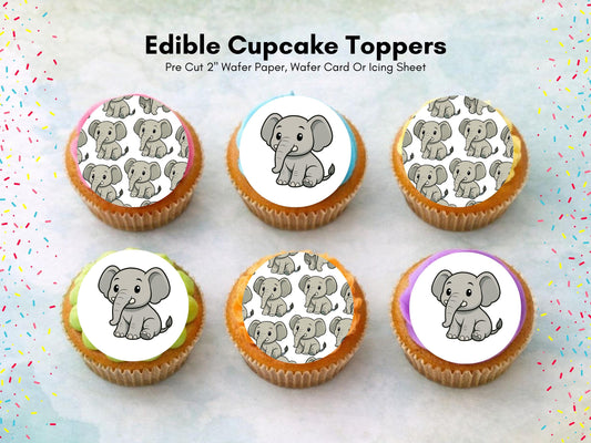 Elephant Edible Cupcake Toppers: 12 x 2" Wafer Paper, Card, or Icing sheet
