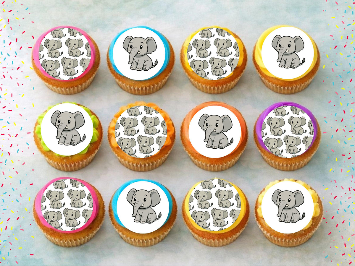 Elephant Edible Cupcake Toppers: 12 x 2" Wafer Paper, Card, or Icing sheet