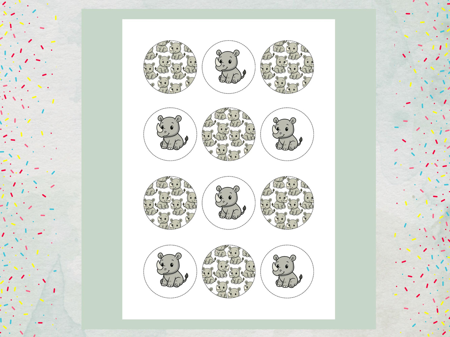 Cute Rhino Edible Cupcake Toppers: 12 x 2" Wafer Paper, Card, or Icing sheet
