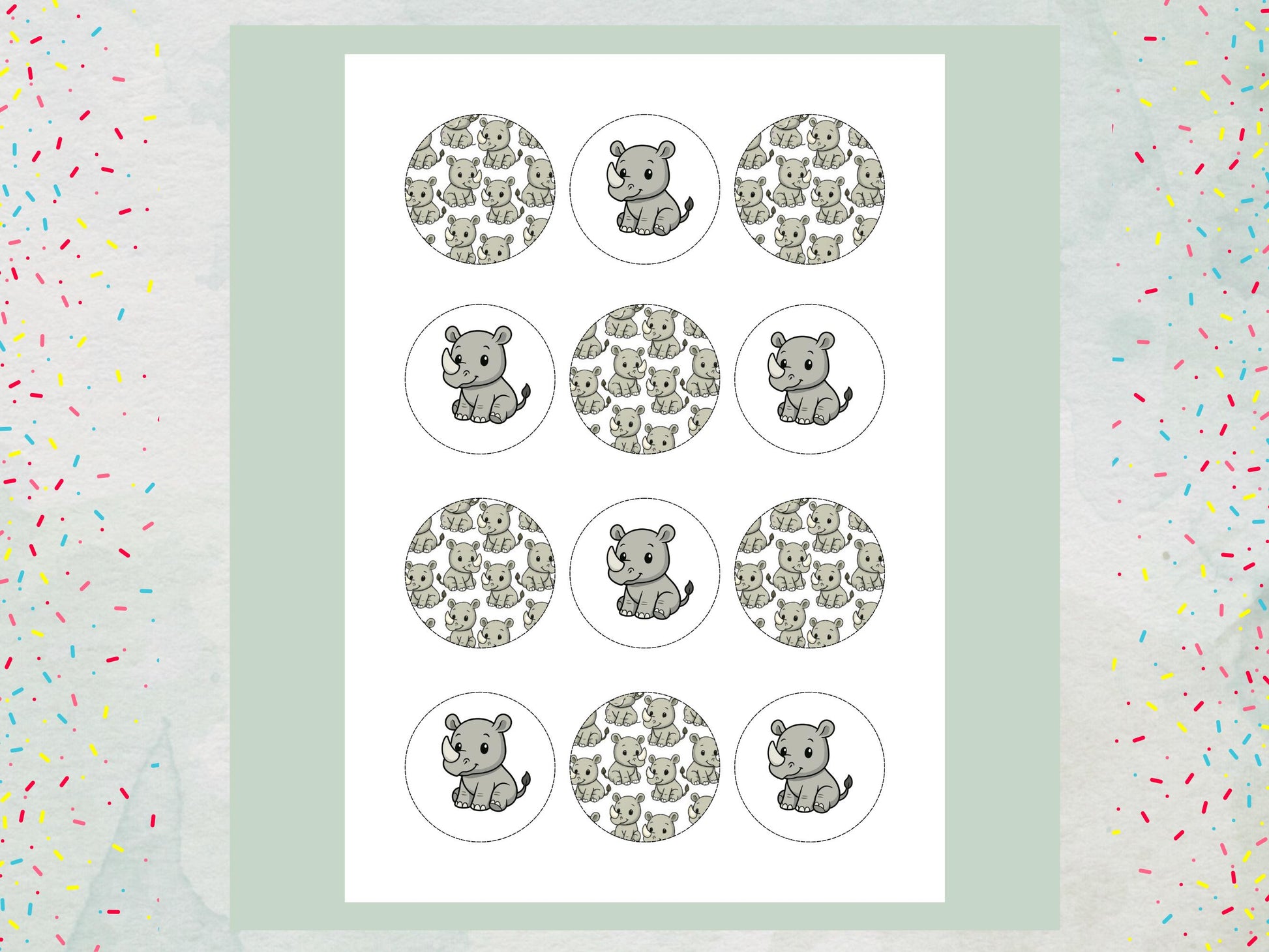 Cute Rhino Edible Cupcake Toppers: 12 x 2" Wafer Paper, Card, or Icing sheet