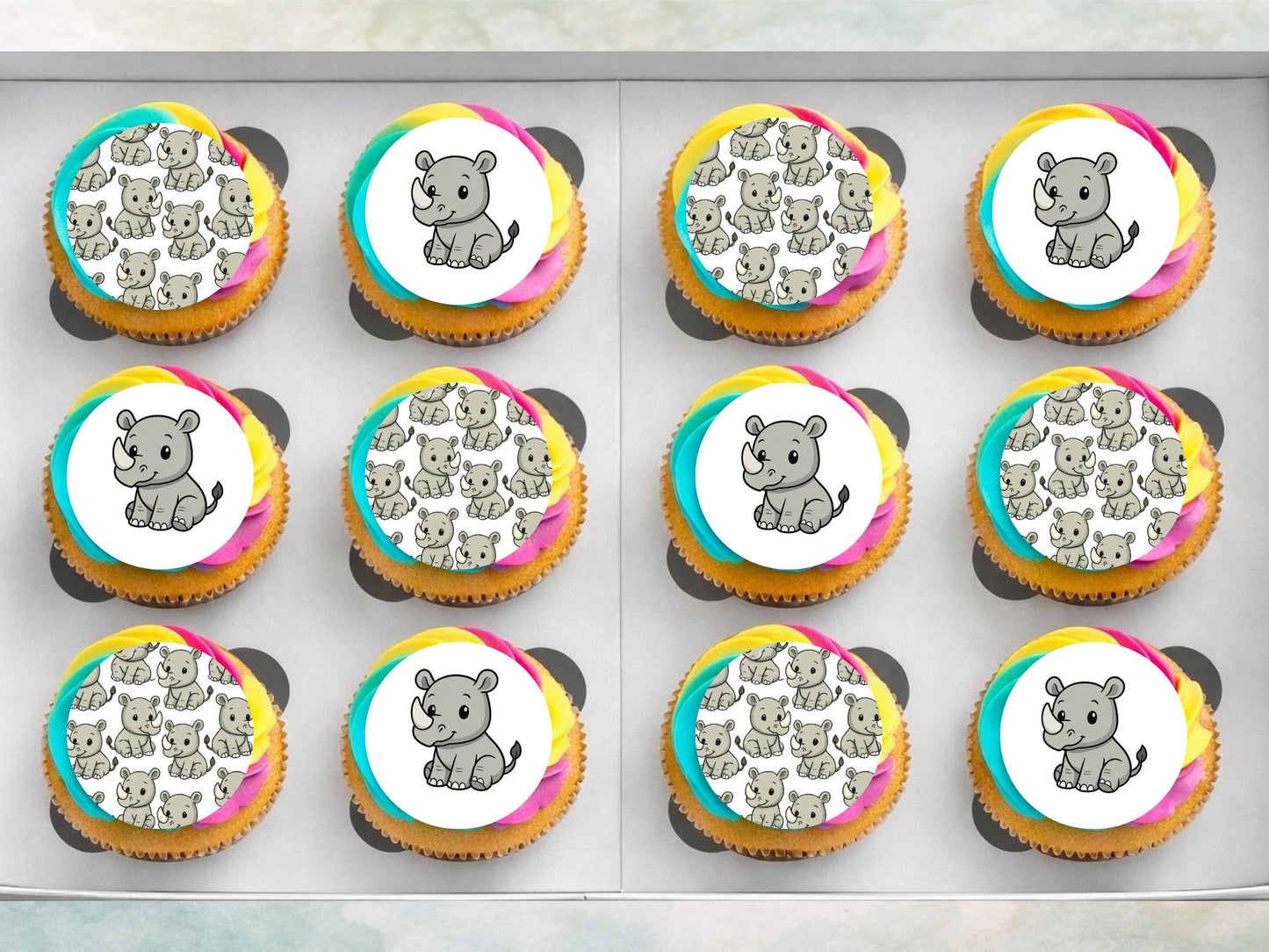 Cute Rhino Edible Cupcake Toppers: 12 x 2" Wafer Paper, Card, or Icing sheet
