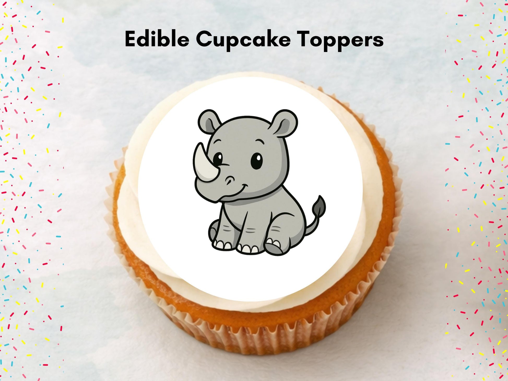 Cute Rhino Edible Cupcake Toppers: 12 x 2" Wafer Paper, Card, or Icing sheet