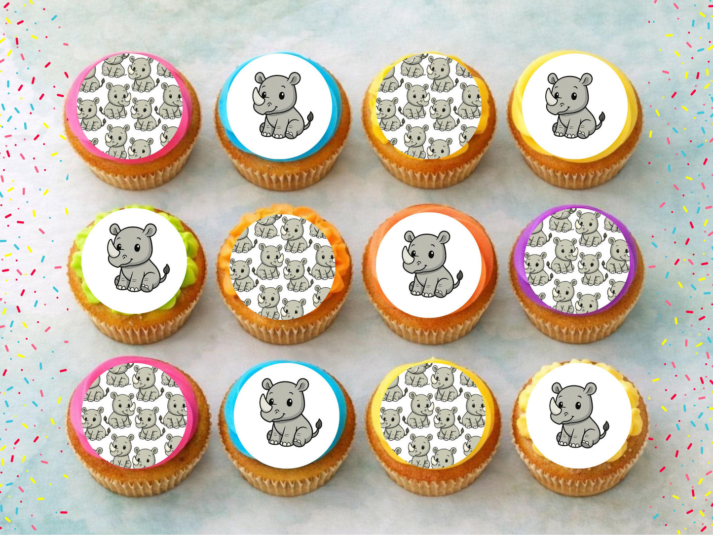 Cute Rhino Edible Cupcake Toppers: 12 x 2" Wafer Paper, Card, or Icing sheet