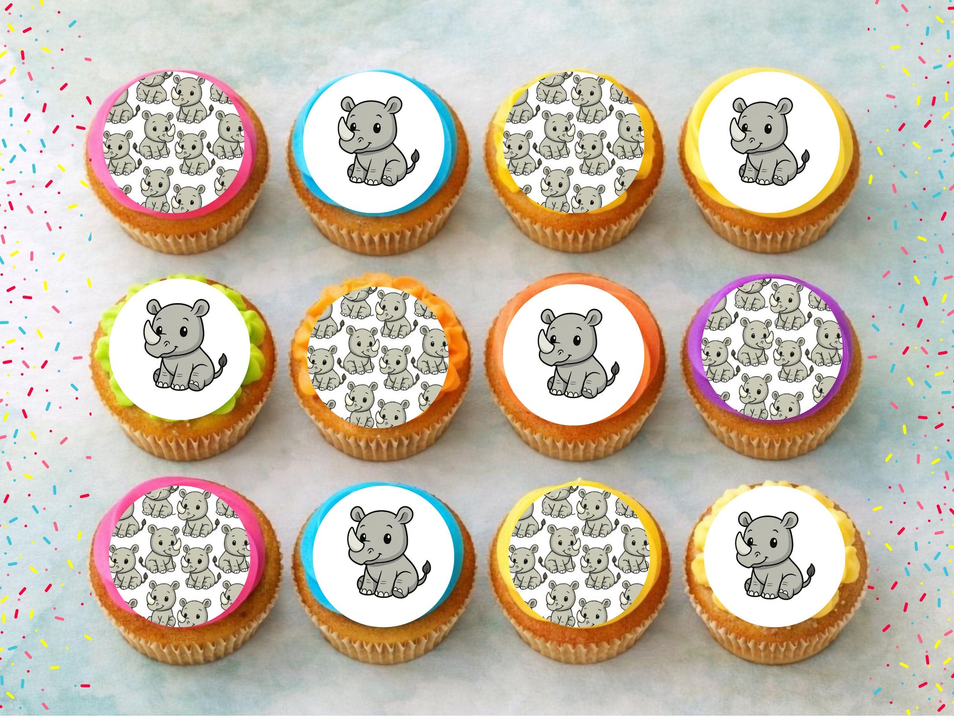 Cute Rhino Edible Cupcake Toppers: 12 x 2" Wafer Paper, Card, or Icing sheet