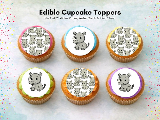 Cute Rhino Edible Cupcake Toppers: 12 x 2" Wafer Paper, Card, or Icing sheet