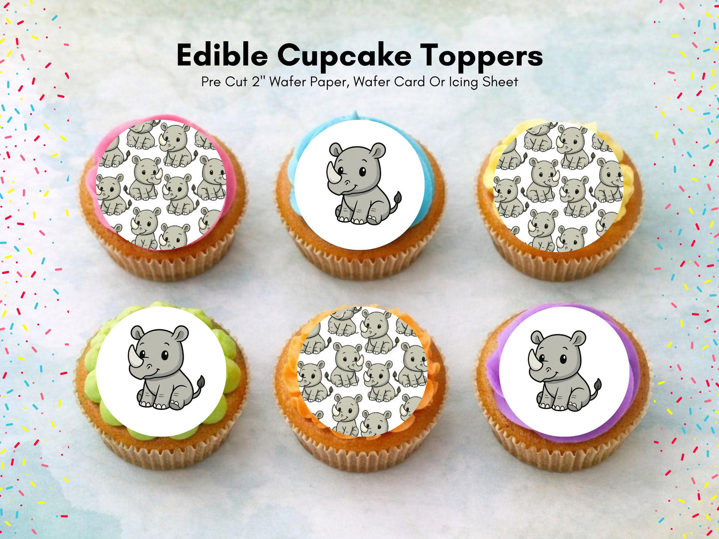 Cute Rhino Edible Cupcake Toppers: 12 x 2" Wafer Paper, Card, or Icing sheet