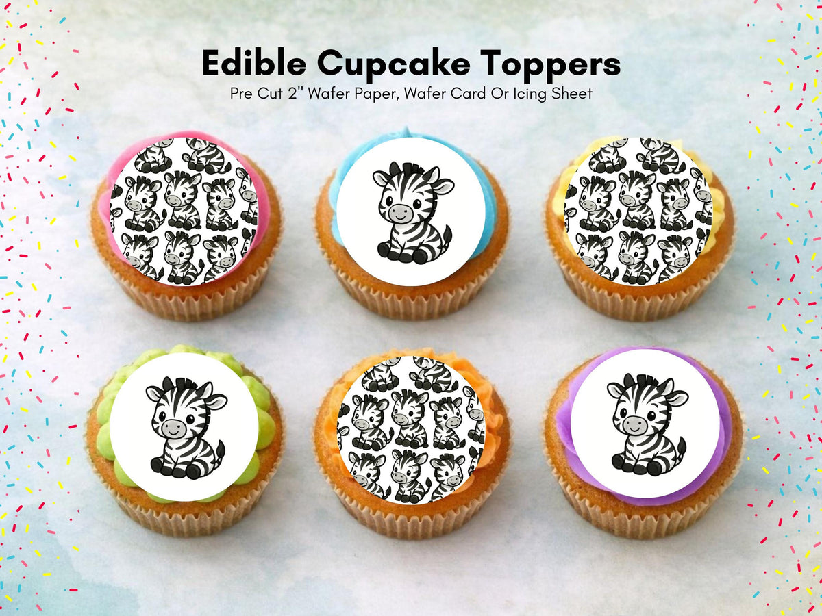 Zebra Edible Cupcake Toppers – Precut 2" Birthday Cake Decoration
