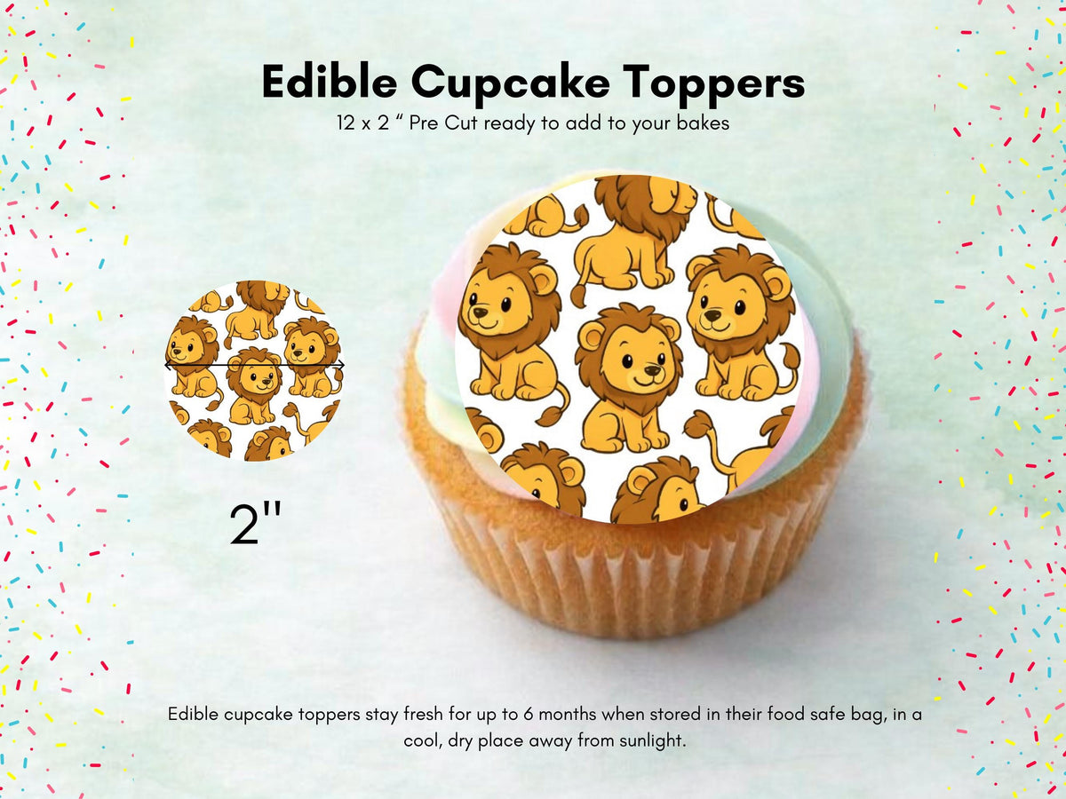 Cute Lion Edible Cupcake Toppers 12 x 2" – Pre cut Wafer Paper, Card or Icing Sheet
