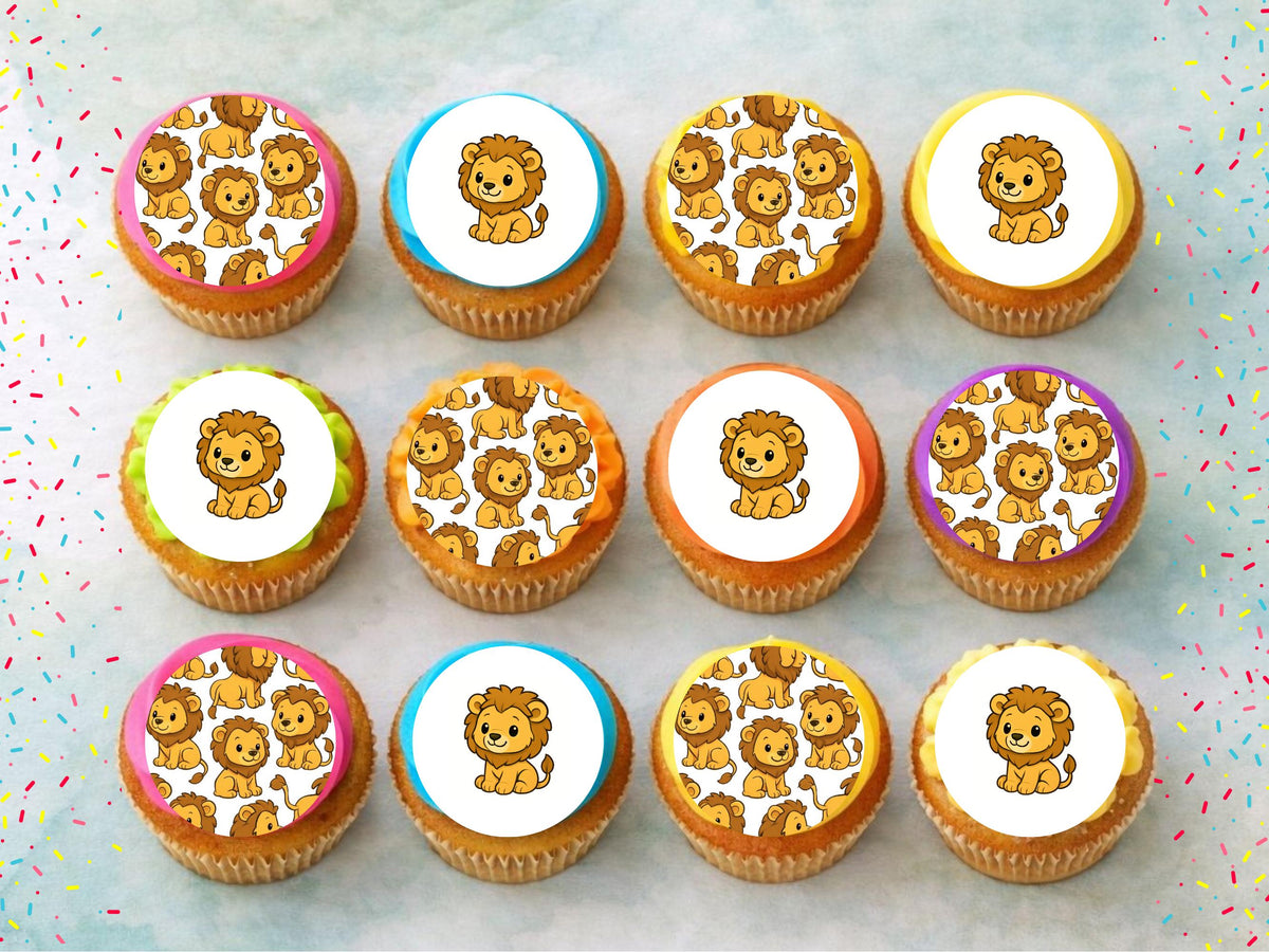 Cute Lion Edible Cupcake Toppers 12 x 2" – Pre cut Wafer Paper, Card or Icing Sheet