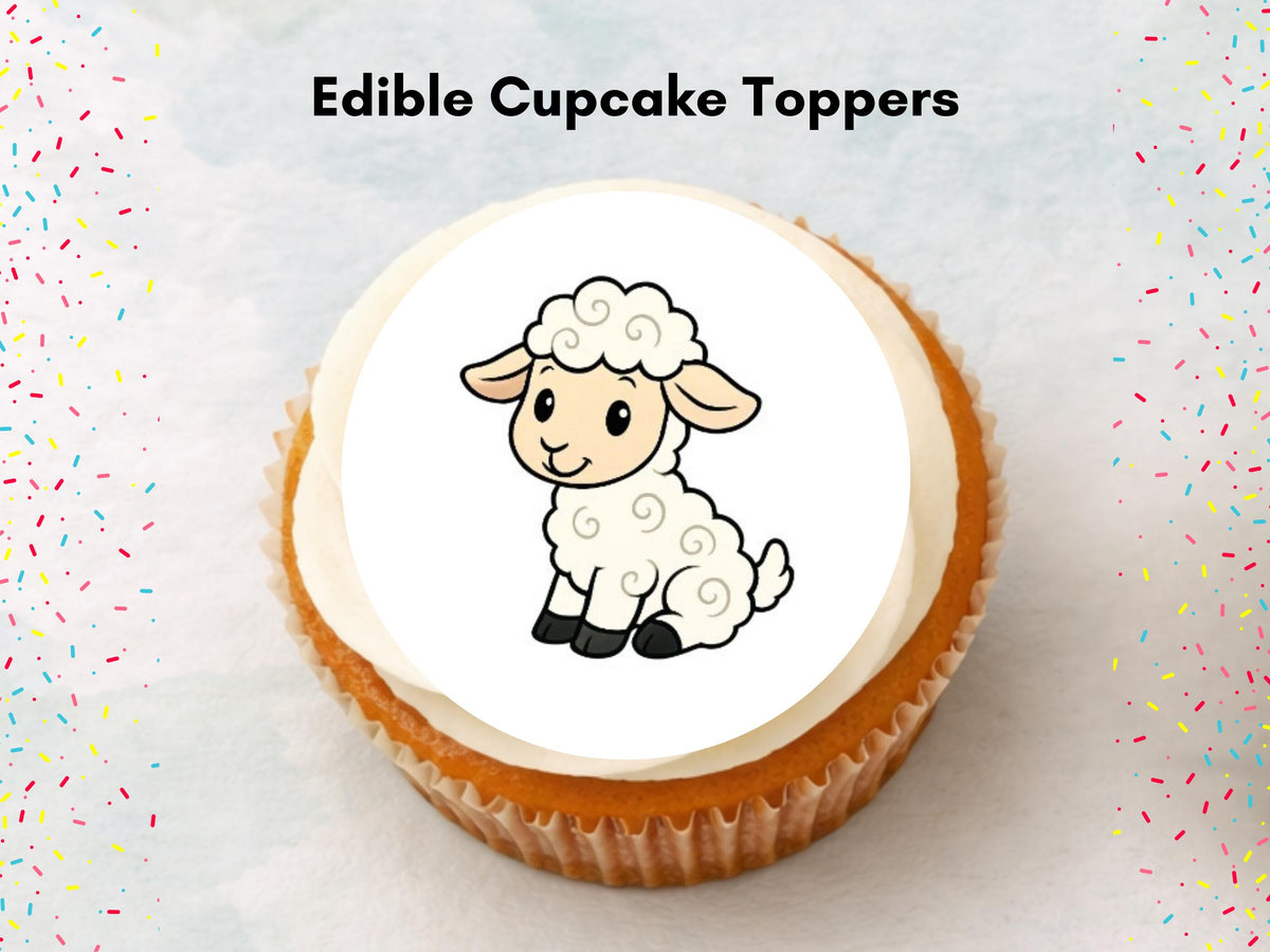 Cute Lamb Edible Cupcake Toppers 12 x 2" Precut Wafer Paper, Card or Icing Sheet