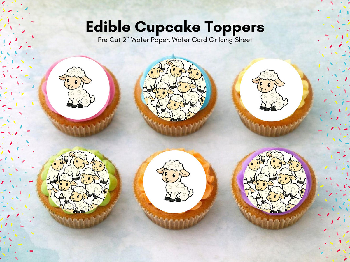 Cute Lamb Edible Cupcake Toppers 12 x 2" Precut Wafer Paper, Card or Icing Sheet