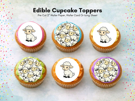 Cute Lamb Edible Cupcake Toppers 12 x 2" Precut Wafer Paper, Card or Icing Sheet