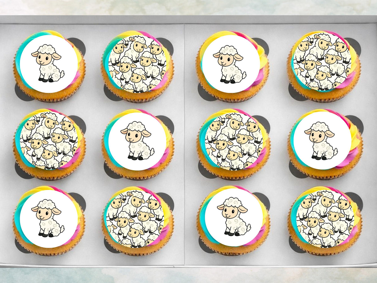 Cute Lamb Edible Cupcake Toppers 12 x 2" Precut Wafer Paper, Card or Icing Sheet