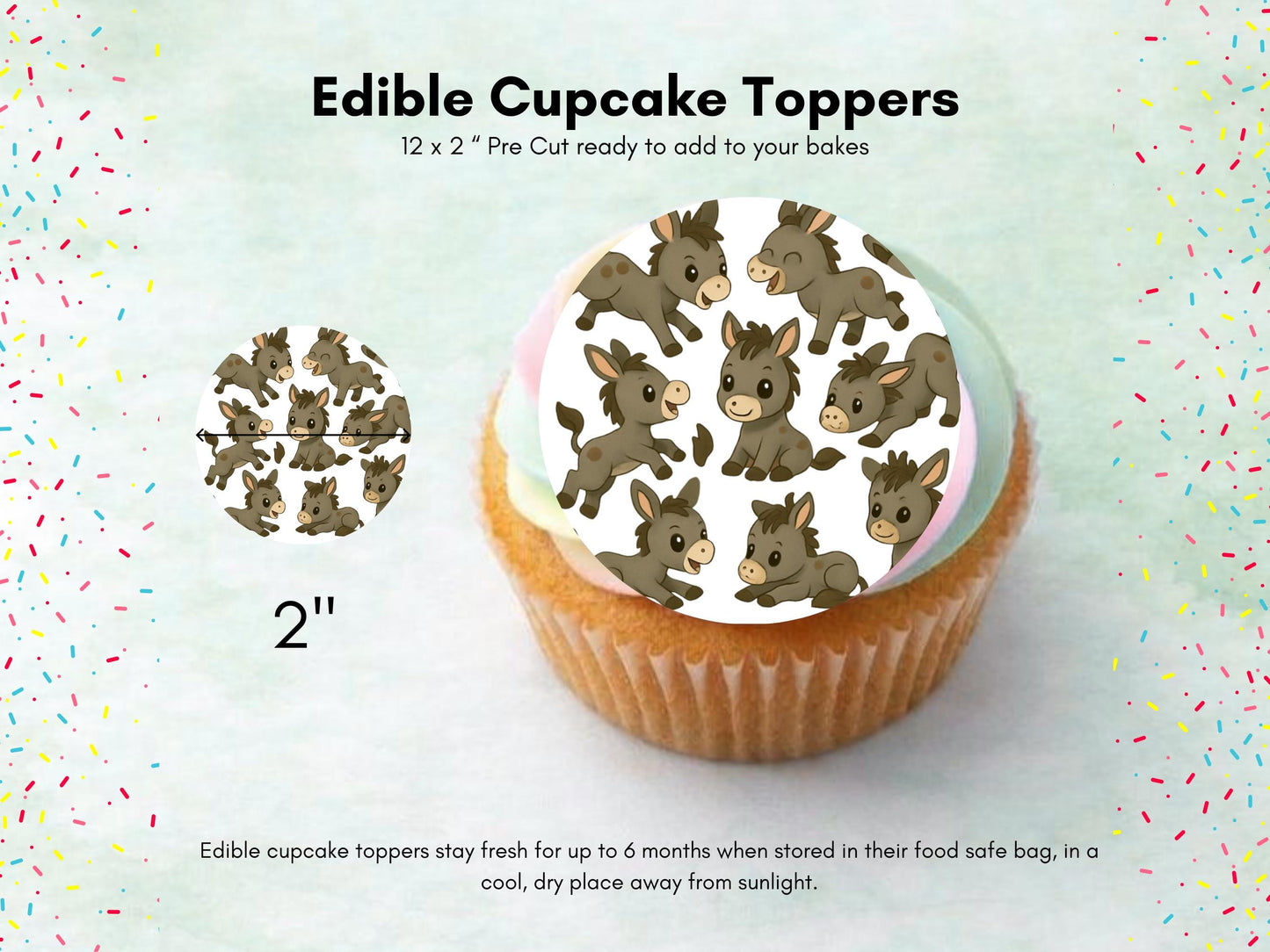 Cute Donkey Edible Cupcake Toppers 12 x 2" Precut Wafer Paper, Icing Sheet or Wafer Card