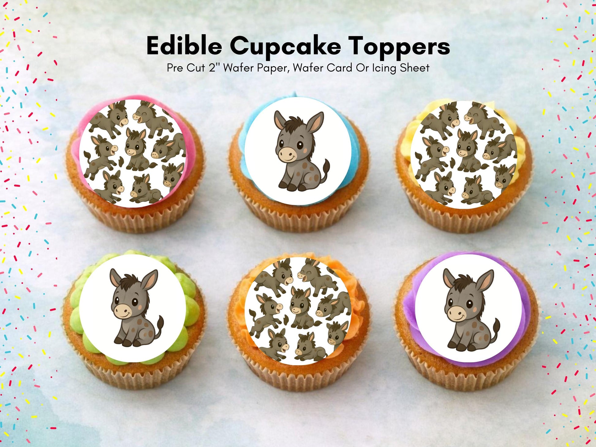 Cute Donkey Edible Cupcake Toppers 12 x 2" Precut Wafer Paper, Icing Sheet or Wafer Card