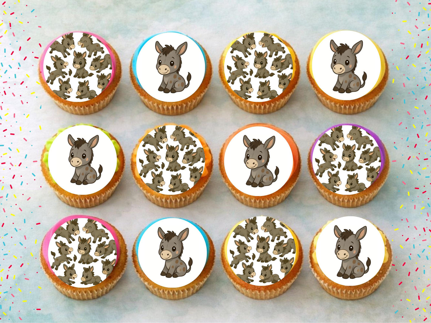 Cute Donkey Edible Cupcake Toppers 12 x 2" Precut Wafer Paper, Icing Sheet or Wafer Card