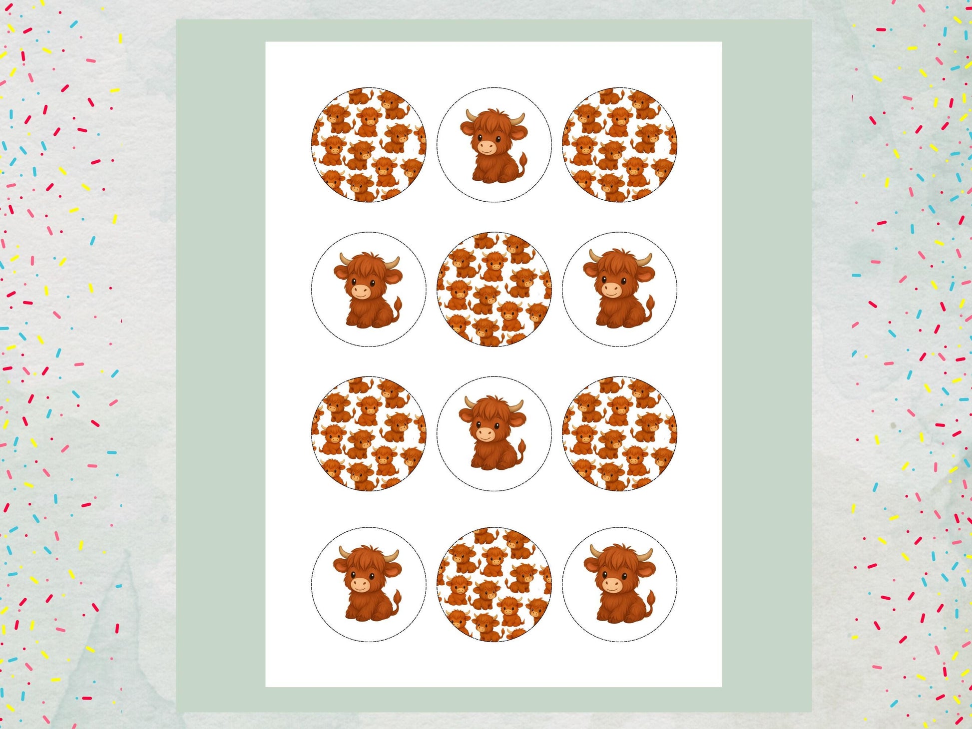 Highland Cow Edible Cupcake Toppers: 12 x 2" Wafer Paper, Card, or Icing sheet