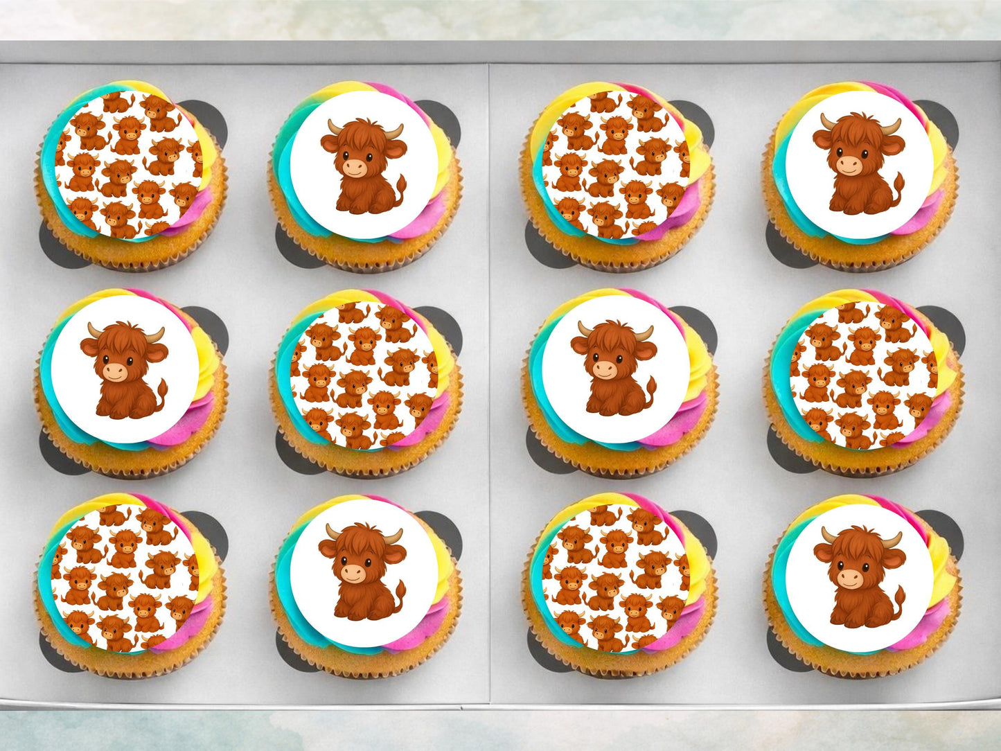 Highland Cow Edible Cupcake Toppers: 12 x 2" Wafer Paper, Card, or Icing sheet