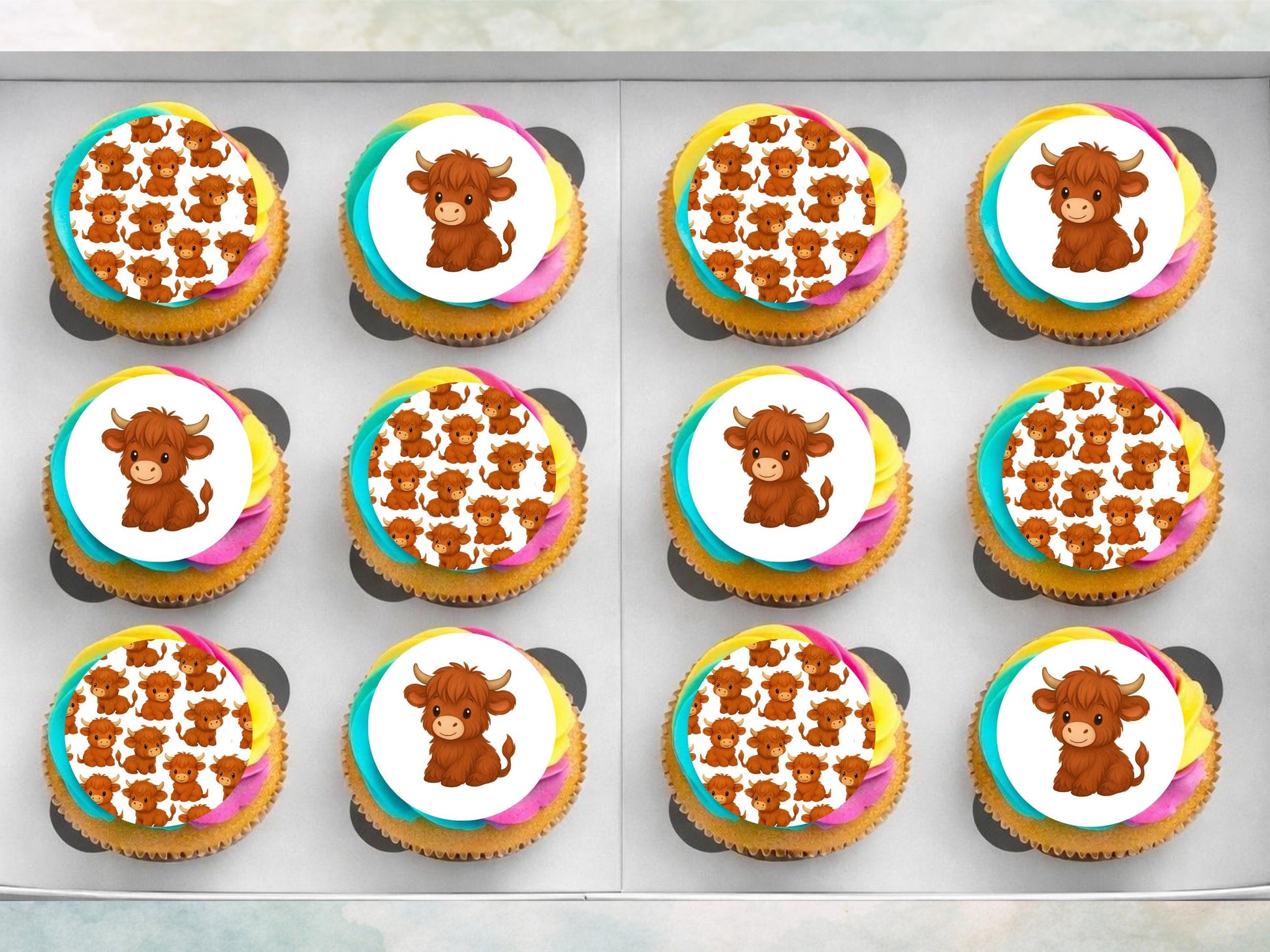Highland Cow Edible Cupcake Toppers: 12 x 2" Wafer Paper, Card, or Icing sheet
