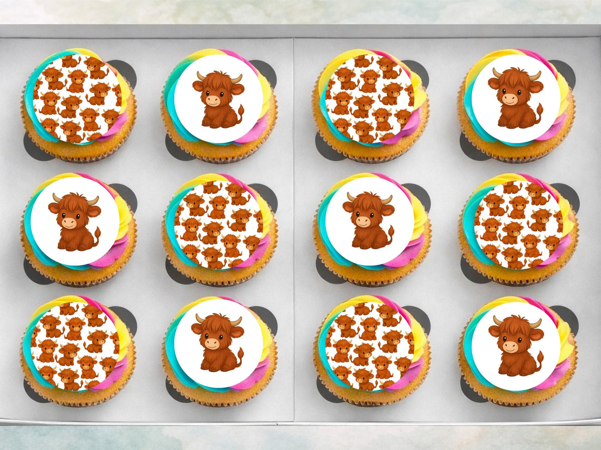 Highland Cow Edible Cupcake Toppers: 12 x 2" Wafer Paper, Card, or Icing sheet