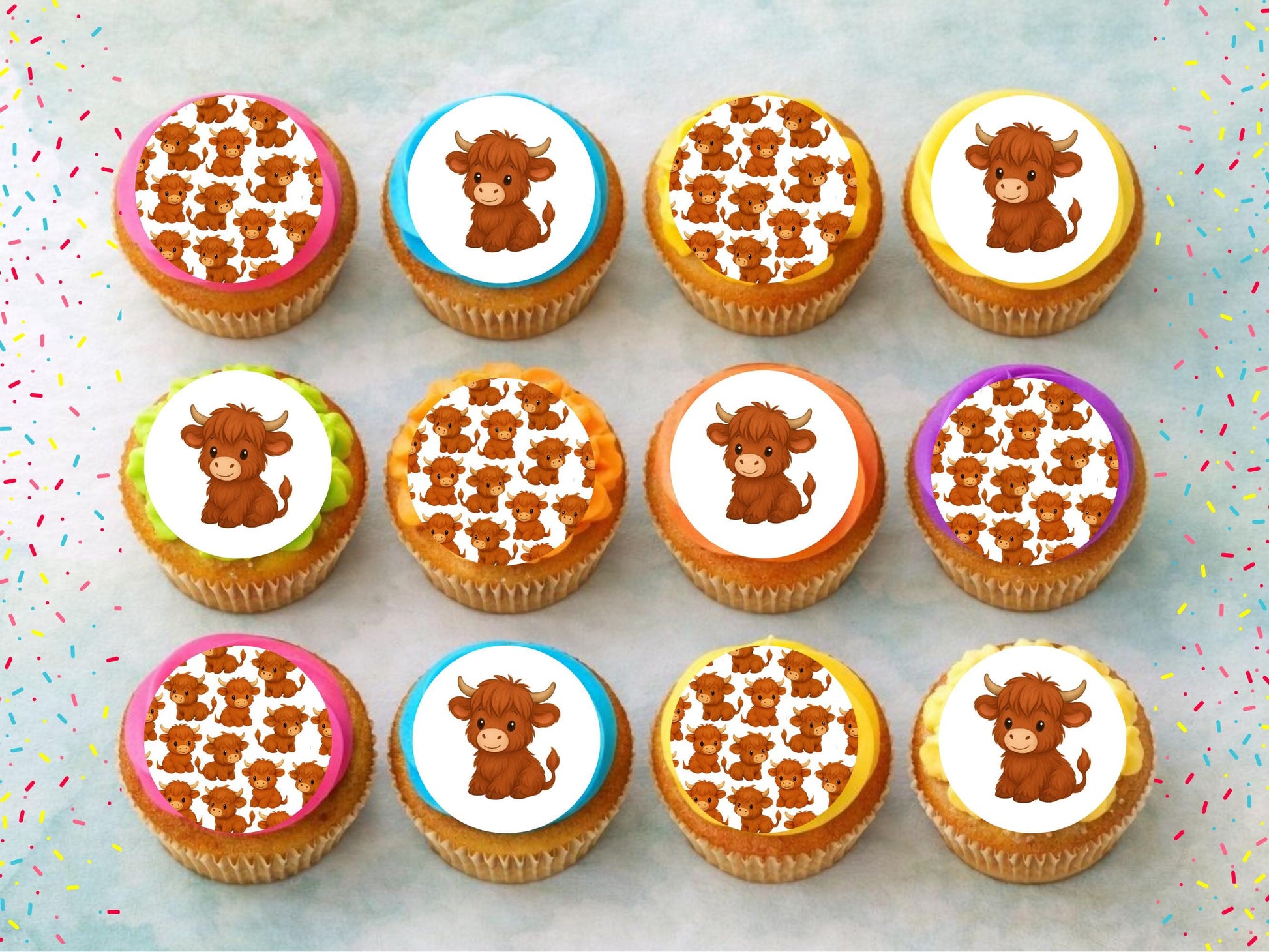 Highland Cow Edible Cupcake Toppers: 12 x 2" Wafer Paper, Card, or Icing sheet
