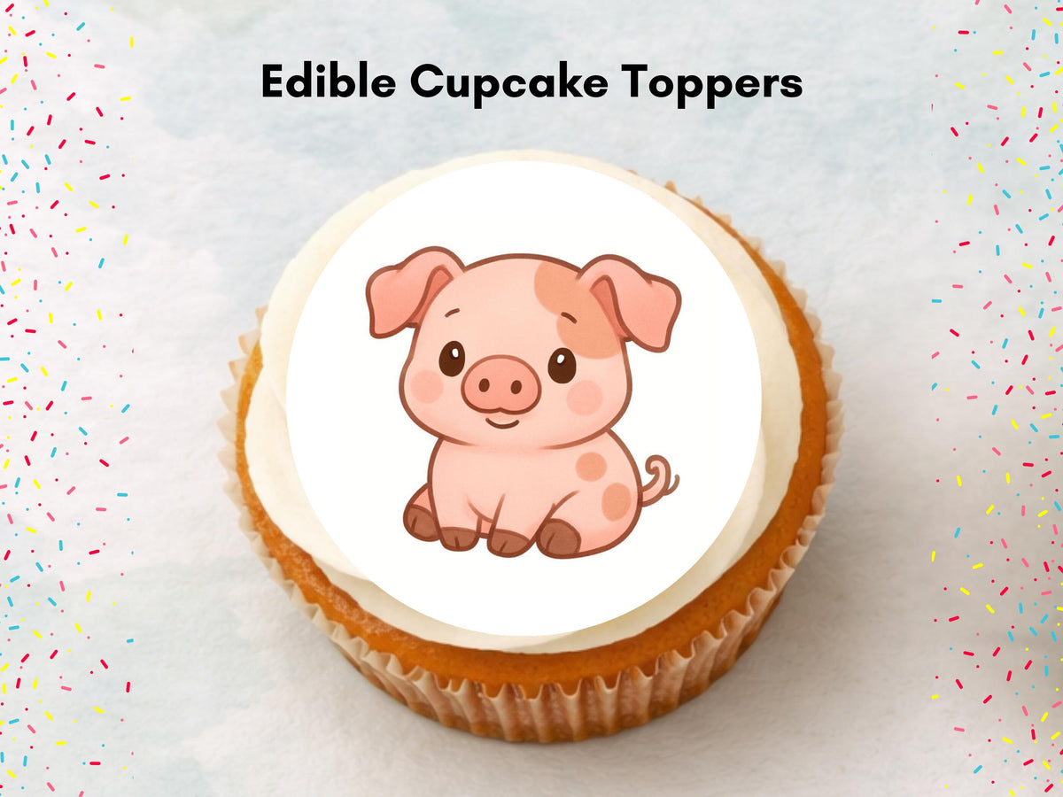 Cute Pig Edible Birthday Cupcake Toppers 12 x 2"– Pre cut Wafer Paper, Card or Icing Sheet