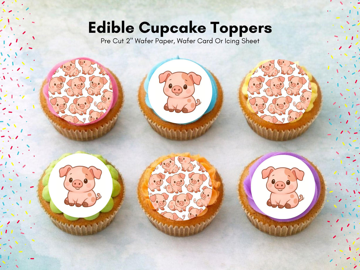 Cute Pig Edible Birthday Cupcake Toppers 12 x 2"– Pre cut Wafer Paper, Card or Icing Sheet