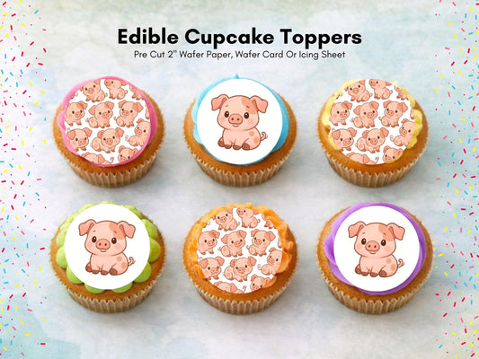 Cute Pig Edible Birthday Cupcake Toppers 12 x 2"– Pre cut Wafer Paper, Card or Icing Sheet