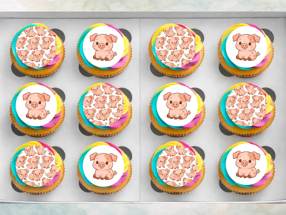 Cute Pig Edible Birthday Cupcake Toppers 12 x 2"– Pre cut Wafer Paper, Card or Icing Sheet