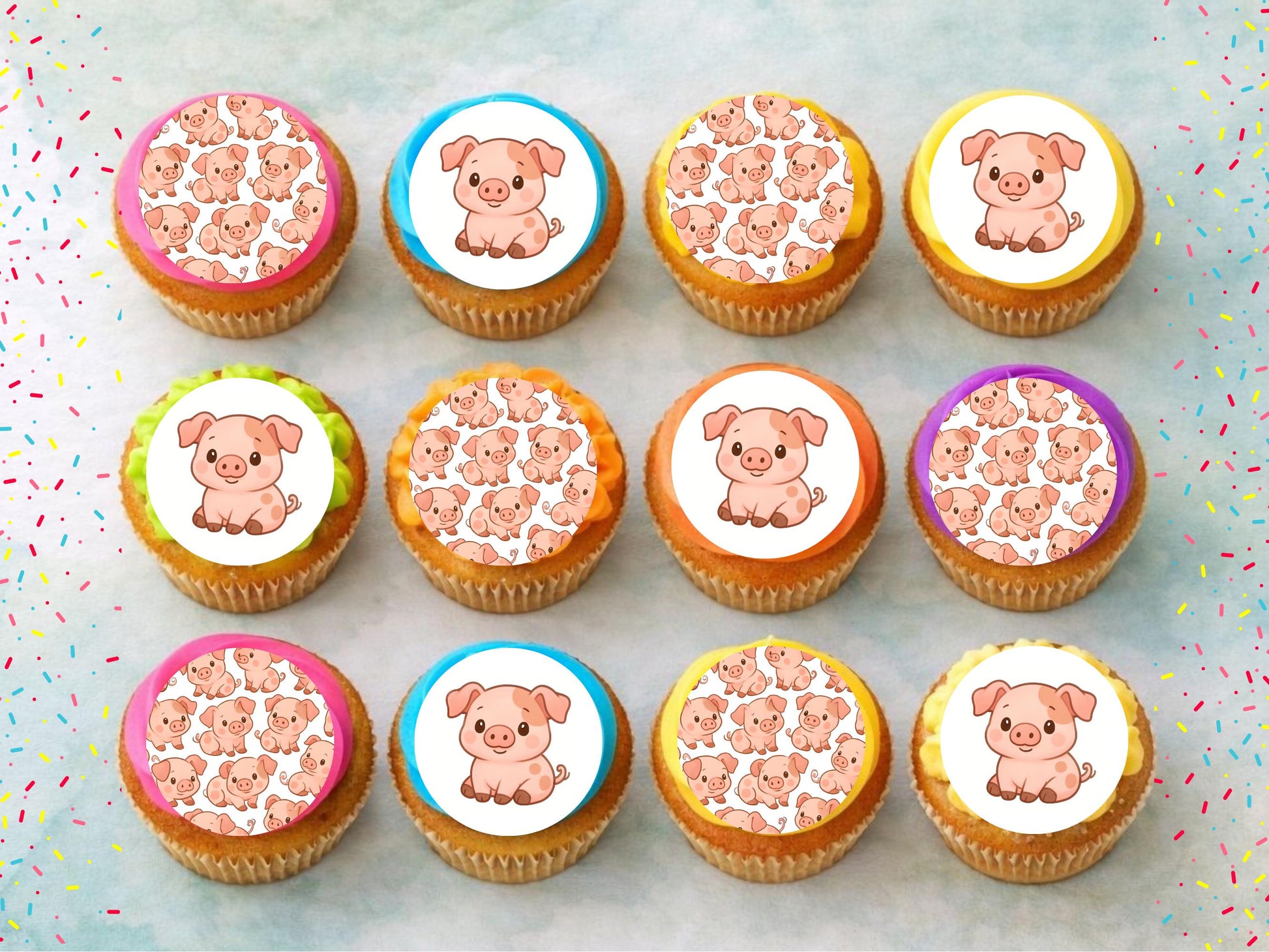 Cute Pig Edible Birthday Cupcake Toppers 12 x 2"– Pre cut Wafer Paper, Card or Icing Sheet
