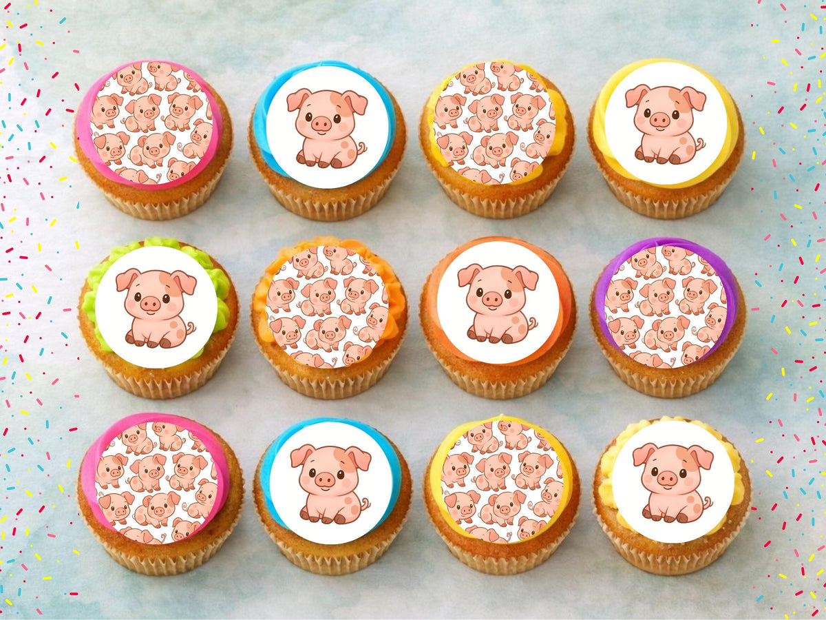 Cute Pig Edible Birthday Cupcake Toppers 12 x 2"– Pre cut Wafer Paper, Card or Icing Sheet