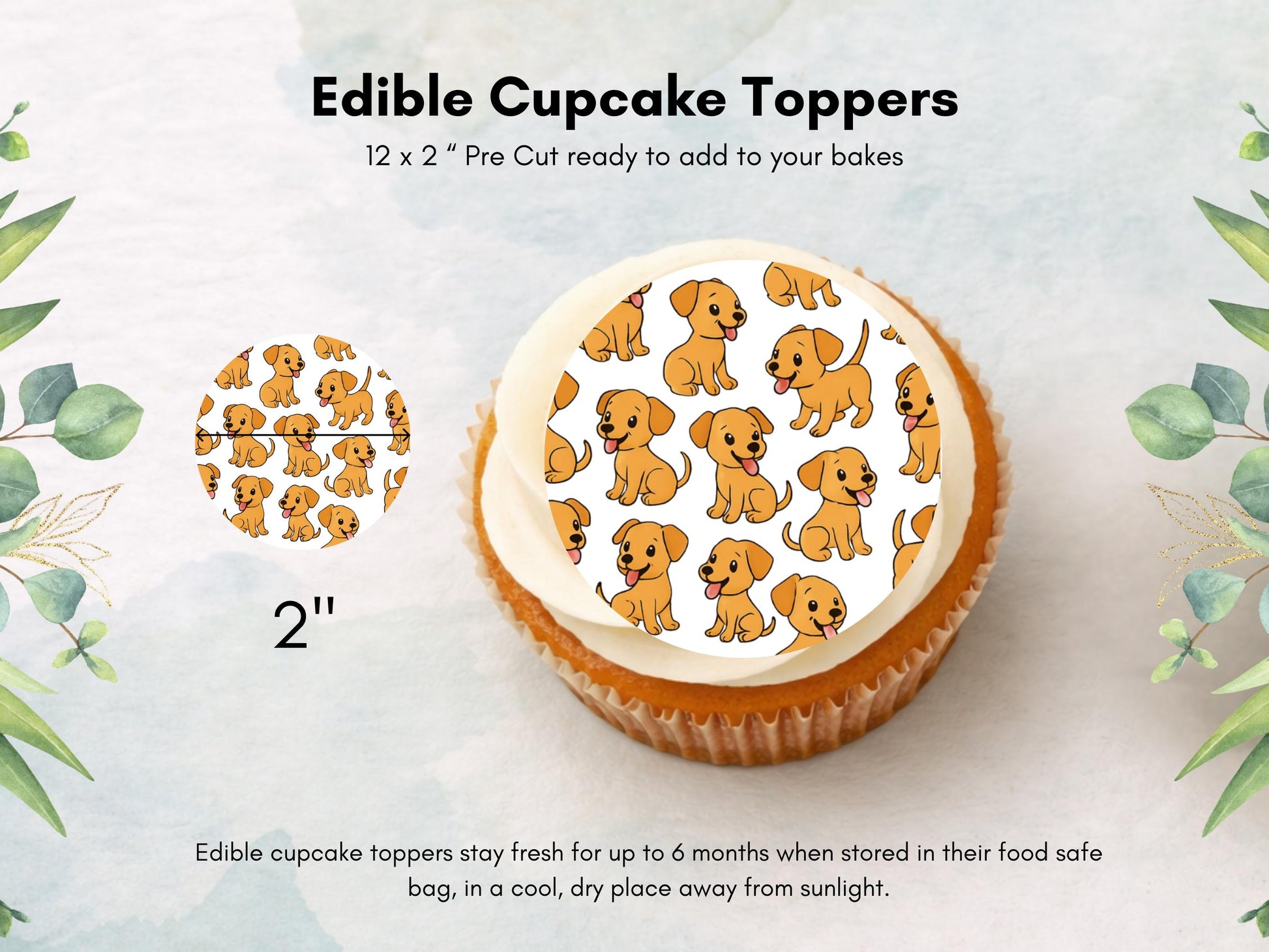 Yellow Dog Edible Cupcake Toppers 12 x 2" Wafer Paper, Card, or Icing Sheet