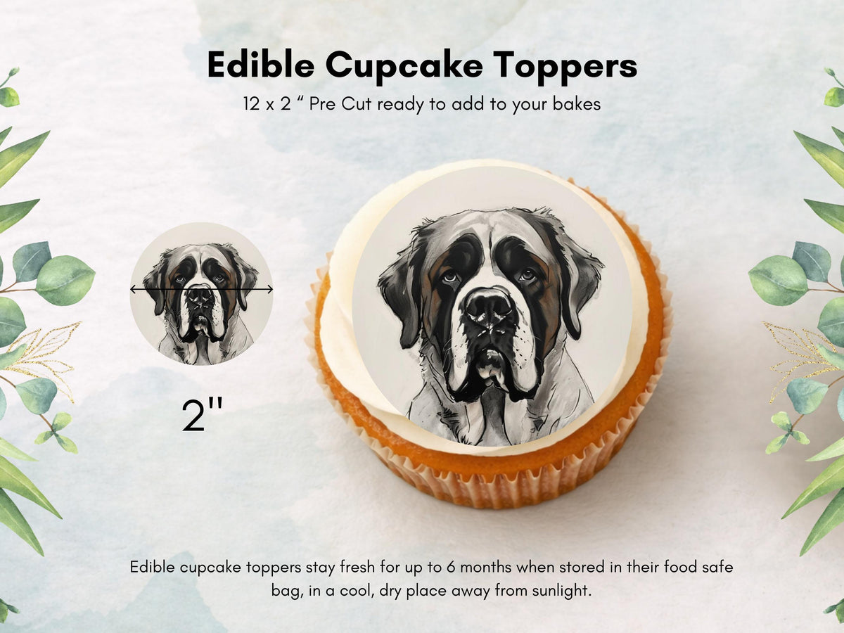 St Bernard Edible Cupcake Toppers: 2" Wafer Paper, Card or Icing