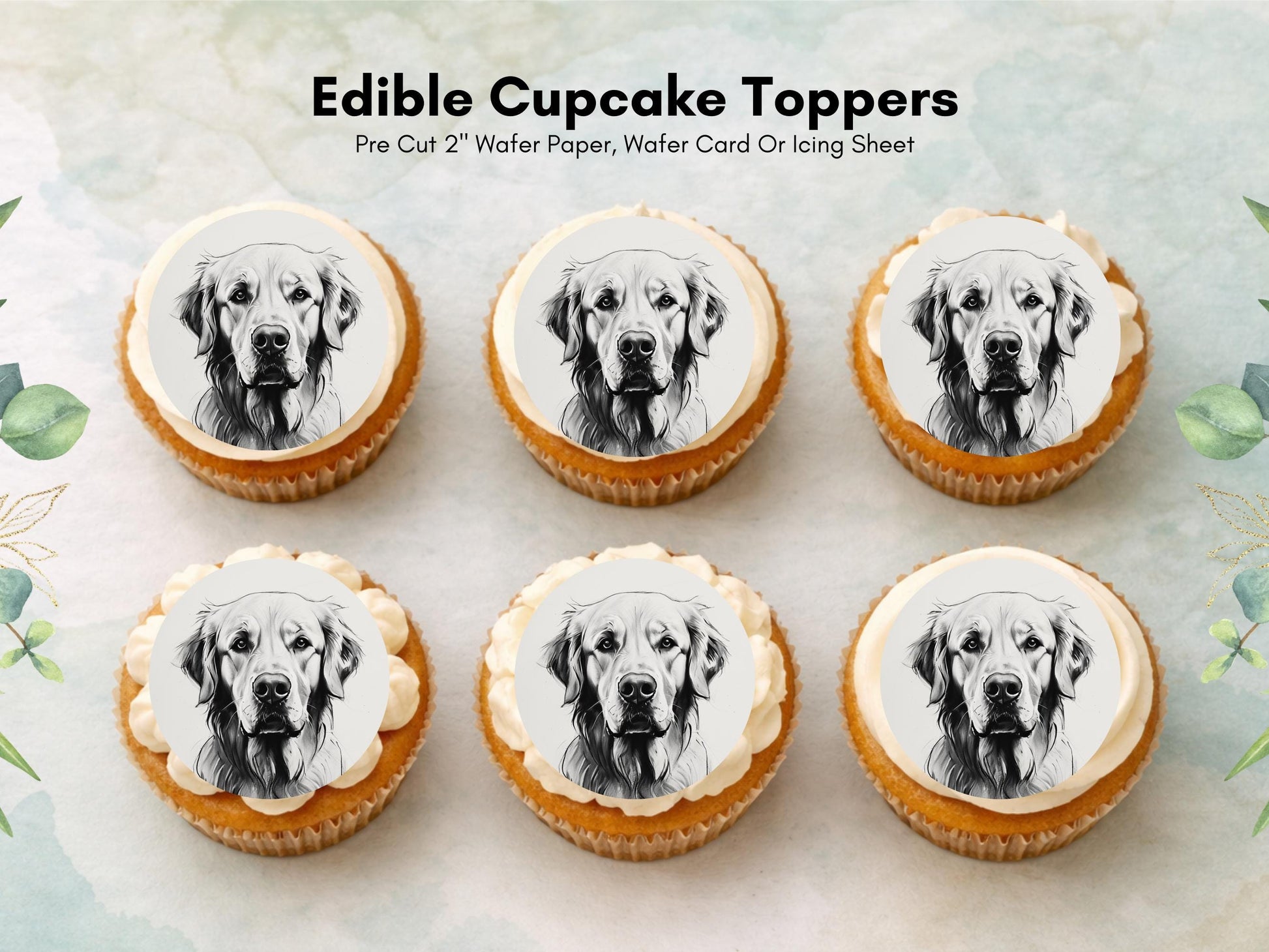 Golden Retriever Edible Cupcake Toppers 12 x 2" Wafer Paper, Card, or Icing Sheet