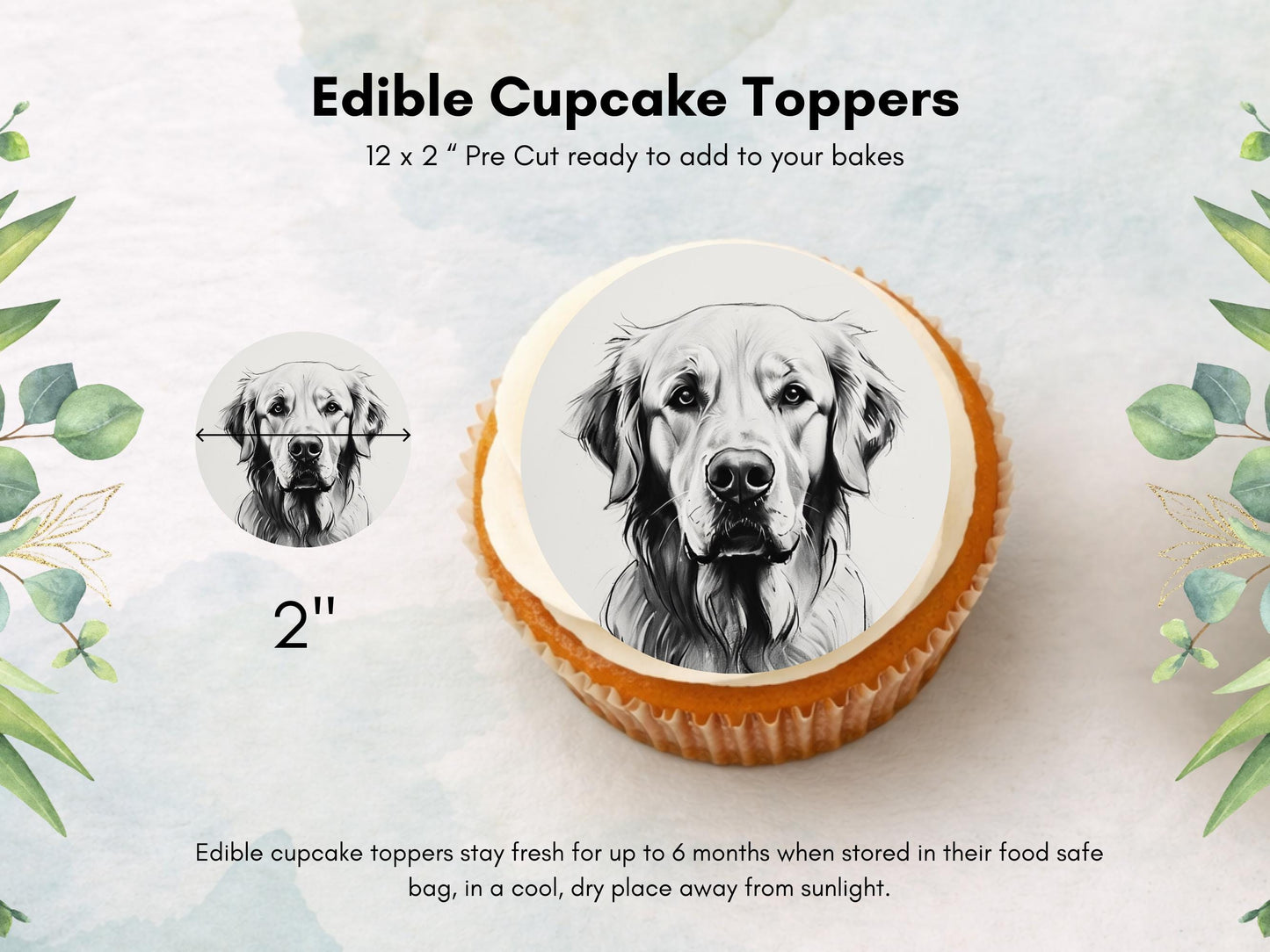 Golden Retriever Edible Cupcake Toppers 12 x 2" Wafer Paper, Card, or Icing Sheet