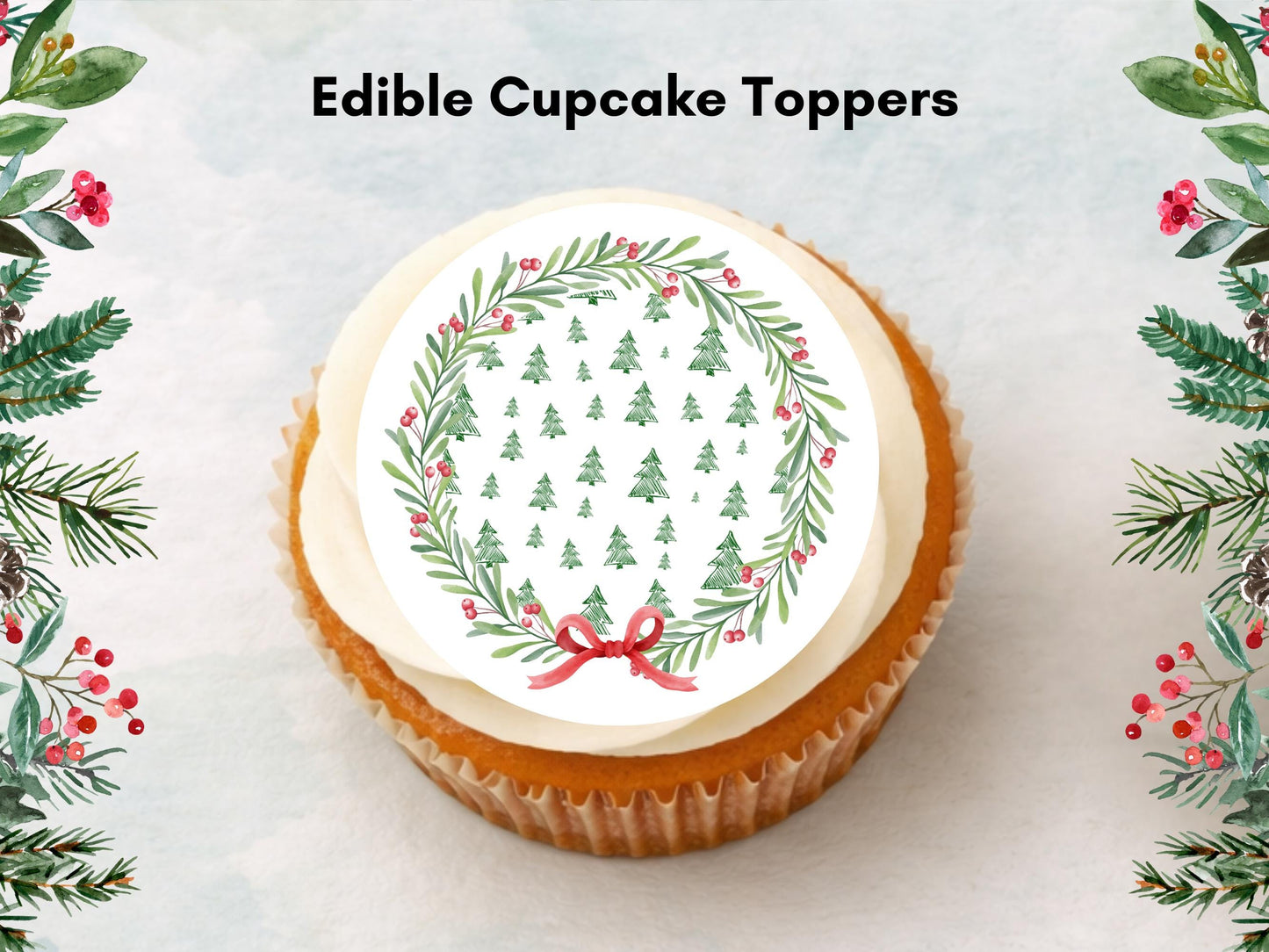 Christmas Wreath Cupcake Toppers: Edible Wafer Paper, Card, or Icing - 12 x 2"