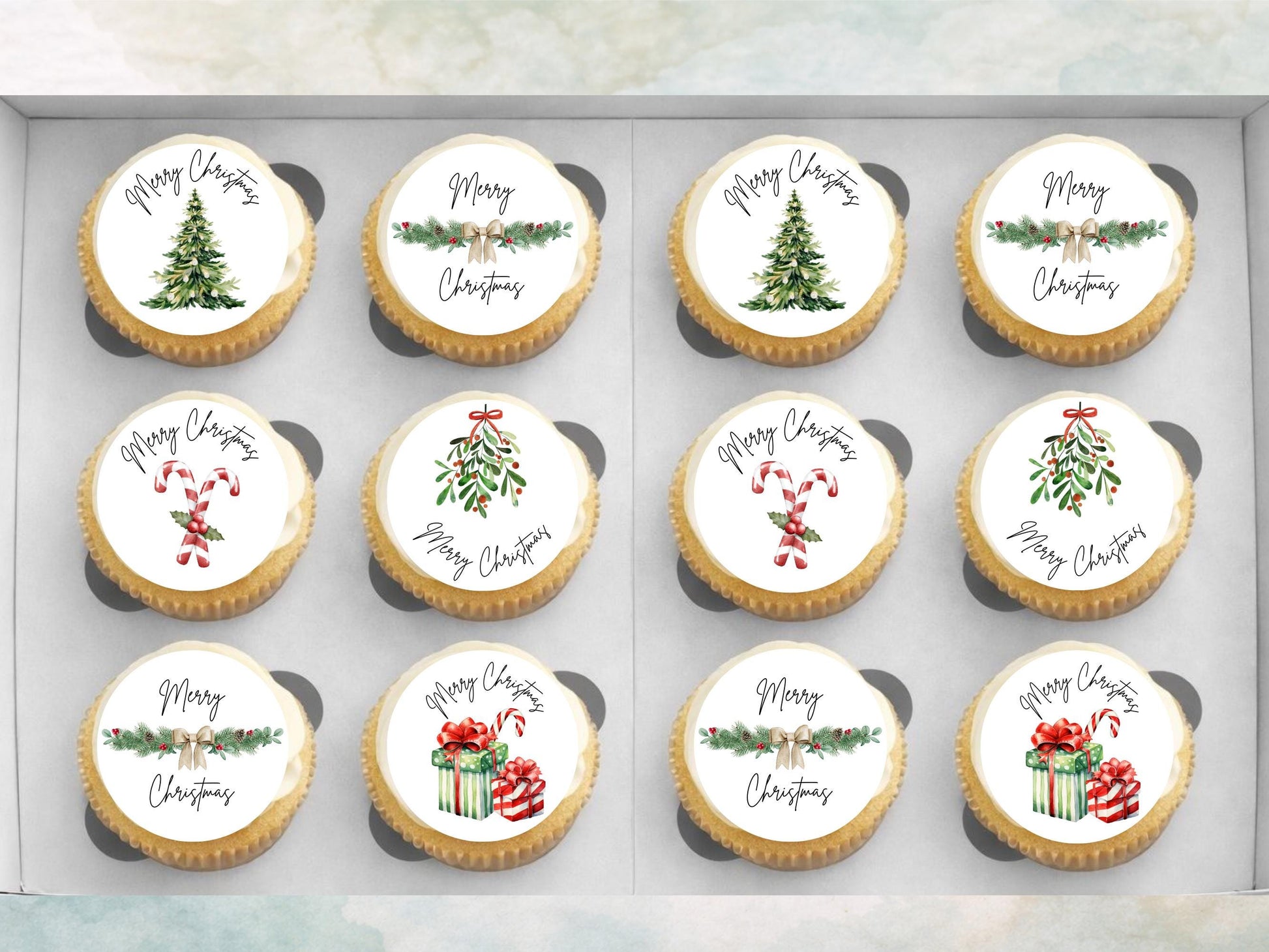 Merry Christmas Edible Cupcake Toppers: 2" Wafer Paper, Card, or Icing Sheet